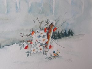 Anemonen in de sneeuw 28x38 cm Aquarel