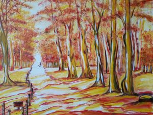 Geel bos in zonlicht 45x60 cm Acryl op papier