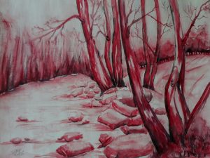 Landschap rood 28x38 cm aquarel