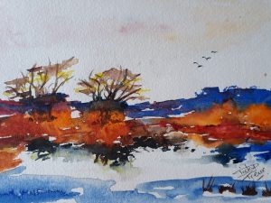 Landschapje langs rivier nr. 1. 13x18 cm Aquarel