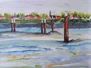 Lintdorp aan water 28x38 cm Aquarel