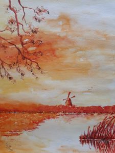 Molen in oranje landschap 28x38 cm aquarel