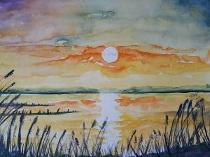 Ondergaande zon 28x38 cm Aquarel