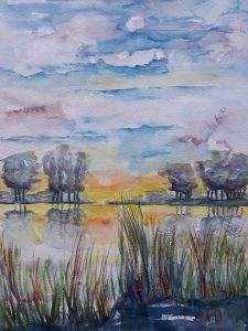 Ondergaande zon in water met riet 28x38 cm Aquarel