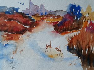 Rivier in landschapje nr. 3. 13x18 cm Aquarel