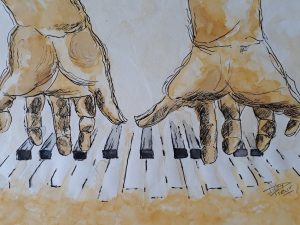 Spelende handen op piano 13x 18 cm Aquarel