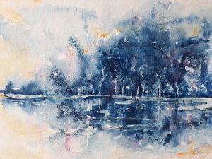 Waterspiegeling in monochroom blauw 28x38 cm Aquarel