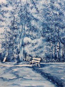 Wit bankje in blauw bos 28x38 cm Aquarel