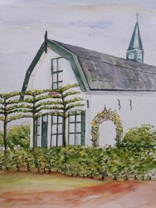 Wit huis met torentje 28x38 cm Aquarel