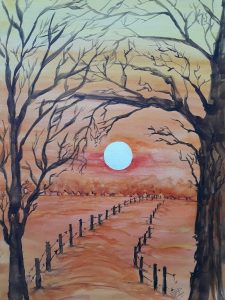 Zon boven wandelpad 30x44 cm Aquarel 