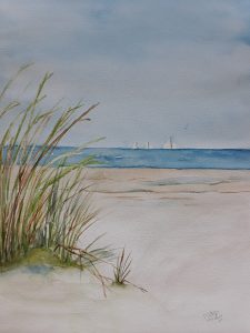 Strand, riet en zeilbootjes 30 x 40 CM aquarel