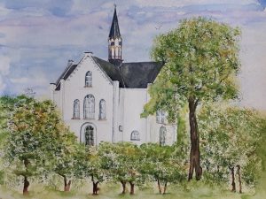 Witte kerk tussen groen 30x40 cm Aquarel